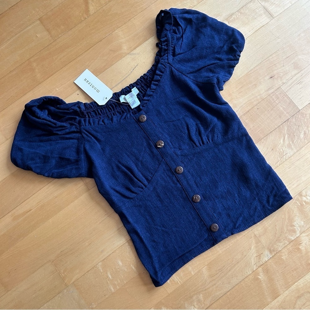 Monteau Fitted Scoop Neck Peasant Top, Navy Blue, Size XS/S
